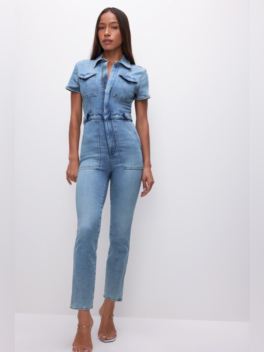GOOD AMERICAN Fit for Success Jumpsuit Light Blue Denim Jeans 3 L Short Sleeve